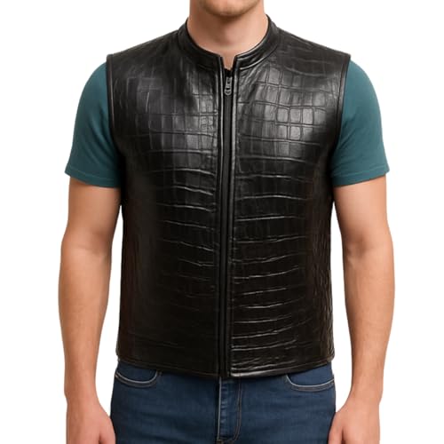 Mens Designed Crocodile-Textured Processed Leather Vest Men - Unique Hunting Styled Outerwear