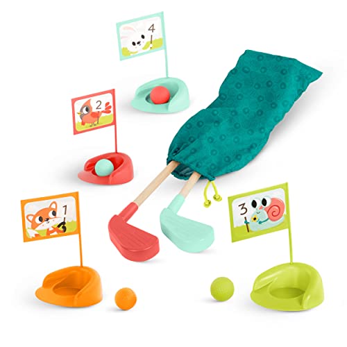 Image of B. toys Wooden, Hole-in-Fun with Storage Bag, 15-Piece, Summer | Toy with 2 clubs, 4 balls, 4 putting cups, 4 numbered animal flags, color-coded pieces, storage bag, 3+ Years