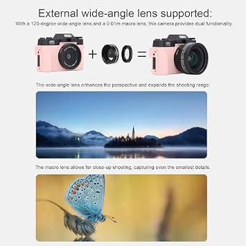 5K Digital Camera for Photography Video Auto Focus Anti-shake 48MP Vlogging Camera 3 180 Degree Folding Screen 16X Digital Zoom Travel Camera (PINK)