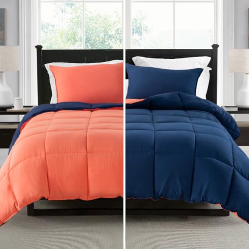 KASENTEX No-Shrink Navy Blue Twin/Twin XL Size Comforter Set with Sham - Ultra Soft, All-Season, Reversible Coral Pink, Non-Fading Colors, Machine Washable Duvet Insert Twin/Twin XL Set Navy