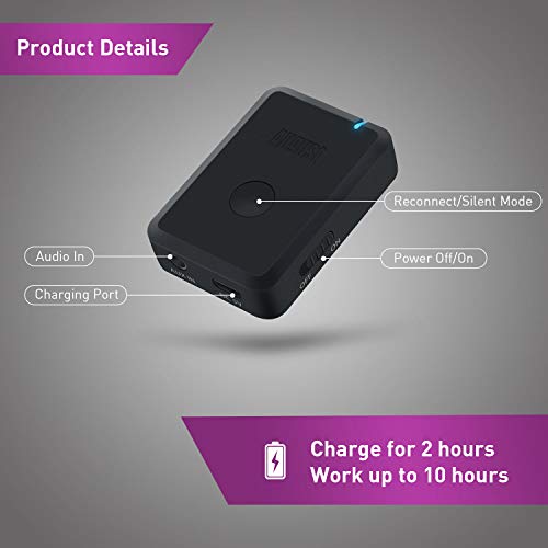August MR250 - Bluetooth Wireless Transmitter - Audio Adapter for TV to Bluetooth Headphone - Stream Music from 3.5mm Audio Out to Bluetooth Headphones, Speakers and Receivers - Black