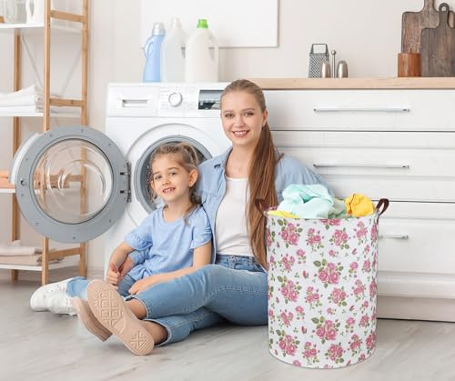Image of Roses Pink Laundry Basket Baby Girls Laundry Hamper Kids Toy Storage Bins Organizer Gift Basket Pink Rose Bedroom Decor Bathroom(Pink Rose)