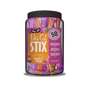 Tiki Cat Stix Mousse Treats, Variety Mega Jar, Single Serve Indulgent Lickable Treat or Dry Food Topper, 50 Count, 25 oz. (0.5 oz./Stick)