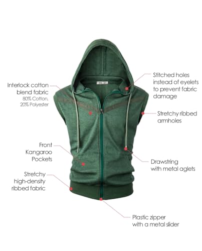 Image of Ohoo Mens Slim Fit Sleeveless Lightweight Zip Up Hooded Sweatshirt Vest Hoodie