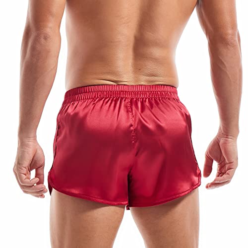Amy Coulee Mens Satin Shorts Silk Boxers Sexy Split Side Lounge Shorts 3 Inch Pajama Bottoms (M, Red) #TOP2