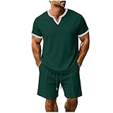 Conjunto deportivo de 2 piezas con pantalones cortos y camisa para hombre, cuello en V, casual, manga corta, ajuste regular, transpirable, color liso, conjunto completo de verano, ropa deportiva para