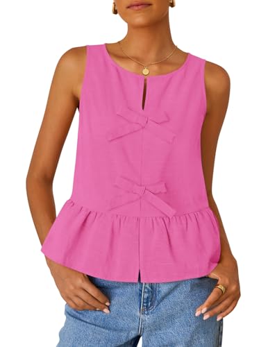 ZESICA Women's Summer Sleeveless Tank Tops Crewneck Tie Front Loose Flowy Ruffle Peplum Babydoll Blouses,HotPink,Medium