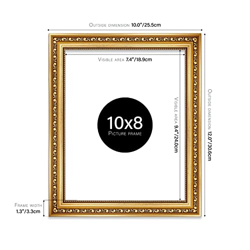 10x8 Gold Ornate Picture Frame 10"x8"(25.4x20.3cm) Poster, Photo, Artwork, or Print. Antique Style Portrait and Landscape Display with Wall Hooks