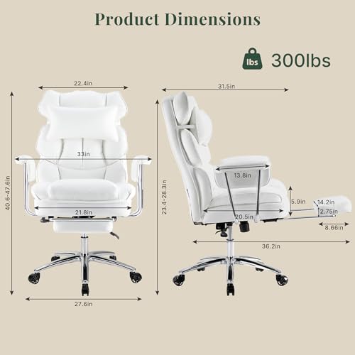 Image of Executive Ergonomic Office Chair, PU Leather High Back Reclining Office Chair with Footrest and Lumbar Support, Height Adjustable Rolling Swivel Computer Chair for Home Office,White