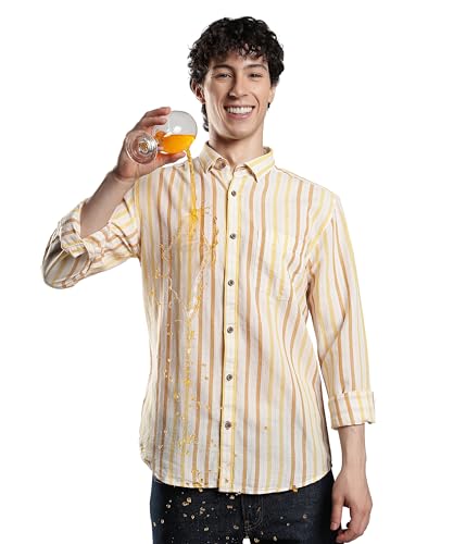 Image of TURMS Men's Casual Striped Linen Shirt | Water Repellent | Anti Stain Anti Odor | Kansas Linen | Concealed Button Down Collar | Full Sleeves