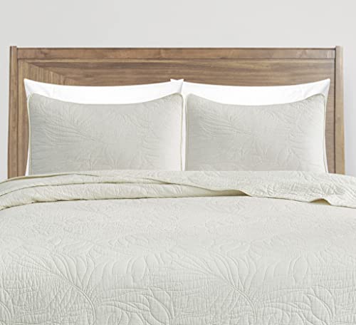 Chezmoi Collection Linden 3-Piece Pre-Washed Cotton Bedspread Coverlet Set - Floral Leaves Embroidered Quilt Set, King Size, Ivory #TOP1