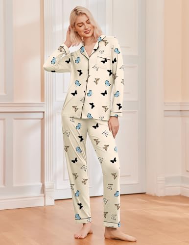 Image of Ekouaer Women's Sleepwear Winter Long Sleeve Button Down Pajama Shirts with Long Pants 2 Piece Pjs Set,Apricot Butterfly,S
