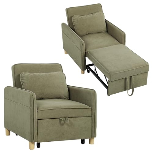 HOMCOM Sofá Cama de 1 Plaza 3 en 1, Sofá Cama Plegable Tapizado en Terciopelo Ecológico con Respaldo Ajustable 3 Niveles, 6 Bolsillos Laterales y Almohada, para Dormitorio, Salón, 74x85,5x82 cm Verde