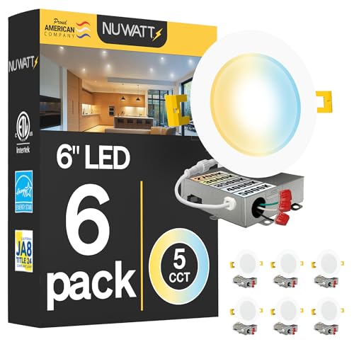 NUWATT 6 Pack 6 Inch Ultra-Thin LED Recessed Lighting CCT 2700K/3000K/3500K/4000K/5000K Selectable 1050LM 15W Dimmable IC Rated Wet Rated White Trim Canless Slim Wafer Light with Junction Box