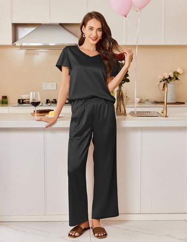 Image of Ekouaer Women's Satin Silky Pajama Set 2 Piece Short Sleeve Shirt with Long Pants Pjs Sets Soft PJ Loungewear S-XXL