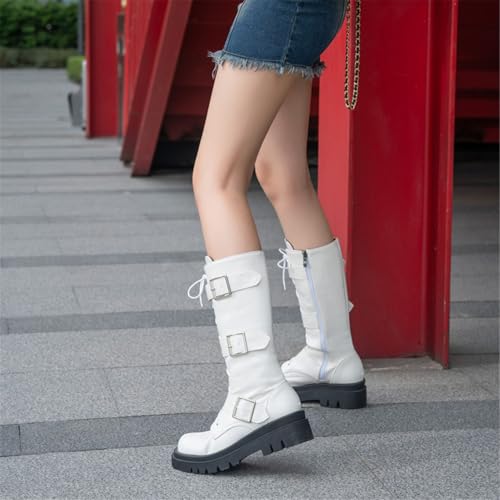 Image of FOREADA Goth Boots Chunky Heel Boot For Women Ankle Combat Booties Black Platform Bootie Buckle Rivets Punk Goth Shoes With Zipper