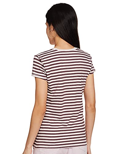 Image of Enamor Essentials Women's Short Sleeve Crew Neck Slim Fit Breathable Stretch Cotton Tee With Graphic - E147(E147-Dl Plm Mel /Drm Pnk Stripe-XL)