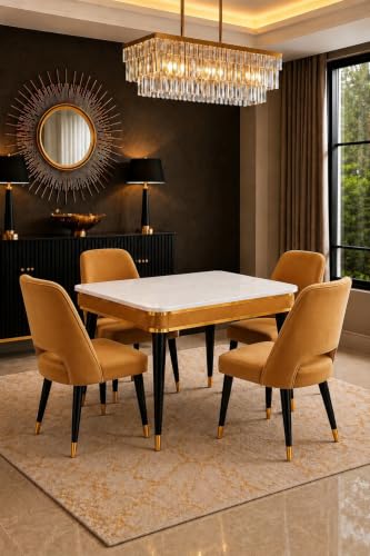 Image of WOODEN SPACE Majestic 4 Seater Wooden Dining Table Set | Urban Marble Top Dining Table with Chairs for Dining Room & Kitchen (Mustard Modern Vintage)