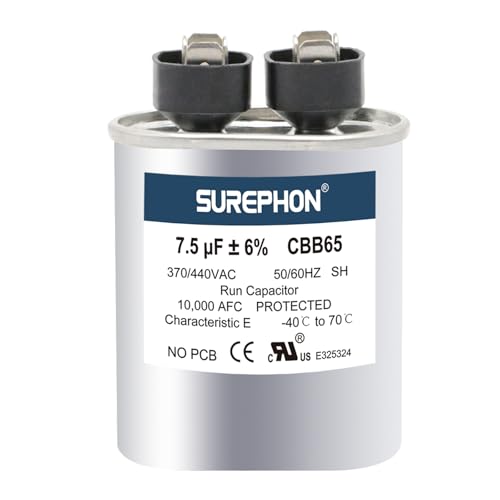 SUREPHON Updated 7.5 ±6% Mfd Capacitor 370V/440V Oval Run Start Capacitor for AC Motor Run or Fan Start and Cool or Heat Pump Air Conditioner