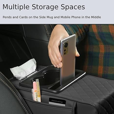 Image of Car Armrest Cushion, 5 in 1 Center Console Cover with 2 Cup Holders, Phone Holder, Tissue Holder, Storage Bag, Multifunctional Leather Heightened Car Armrest Cushion for Most Car (Black)