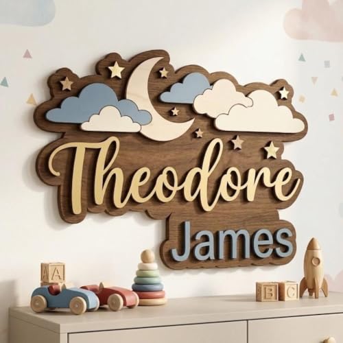 Custom Celestial Crescent Moon Cloud Wooden Sign, Personalized First Middle Name Wall Art Piece, Sweet Gift For Infant On Blessing Day, Night Sky Decoration Over Crib Display