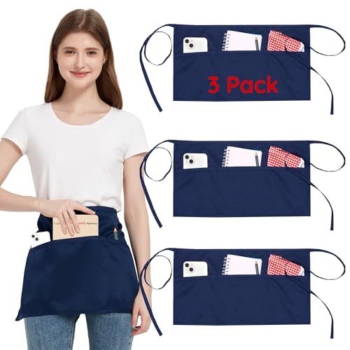FunChaos 3 Pièces Tablier de Taille avec 3 Poches et Sangle Réglable, Imperméable Tabliers de Cuisine Bleu pour Femme et Homme, Court Tablier Pour Serveurs...