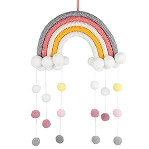 RAILONCH Nordic regenboog wandtapijt, handgeweven wolken, regenboog, macramé wandtapijt, wanddecoratie met pompon voor…