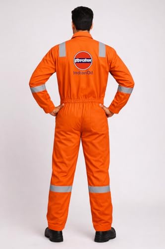 Image of Indian Oil Work Coverall Dungaree, Two Way Zipper, Orange with Reflective Tape, Full Body Protection Workwear