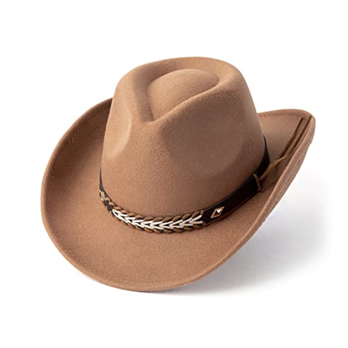 Gossifan Western Cowboy & Cowgirl Hat Felt Wide Brim Women Men Fedora Hats, A Belt Style Khaki, M