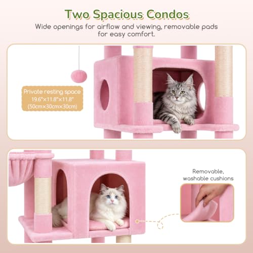 Image of Globlazer Pink Heavy Duty Cat Tree, 74in Sturdy Cat Tower for Large Cats Adult, Big Cat Tree with 7 Sisal Scratching Posts, 2 Padded Condos, 2 Dual-Ear Hanging Baskets, Enlarged Top Perch, S74, Pink