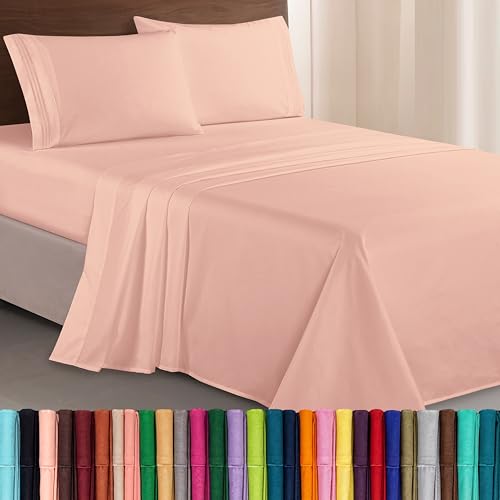 Image of Elegant Comfort Luxurious 1500 Premium Hotel Quality Microfiber Three Line Embroidered Softest 4-Piece Bed Sheet Set, Wrinkle and Fade Resistant, Queen, Blush Pink