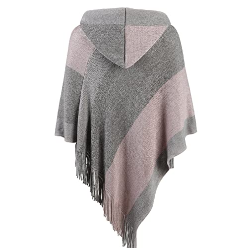 Image of Women's Elegant Knitted Shawl Poncho with Fringed V-Neck Striped Sweater Pullover Cape Gifts for Women Mom