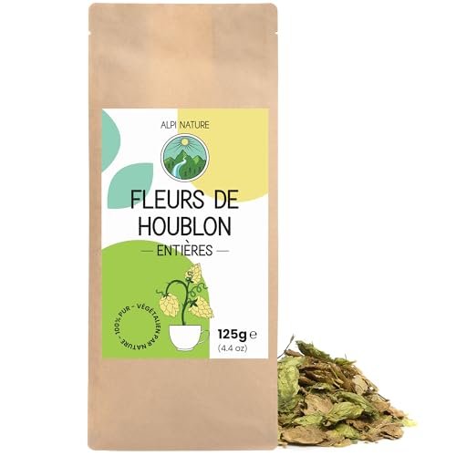 Alpi Nature Houblon Entier 125g, Pétales de Houblon Entiers Séchés, Humulus Lupulus, Tisane en Vrac