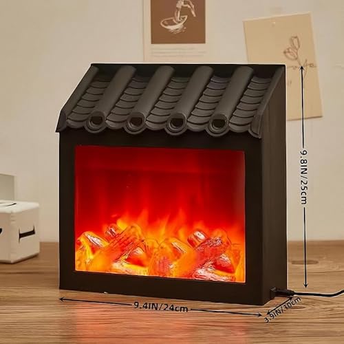 Image of Small Cozy Fireplace Lantern Traditional Realistic Log Wood Burning Flame Effect Ligh LED Charcoal Style Table LampFor Indoor & Outdoor Use