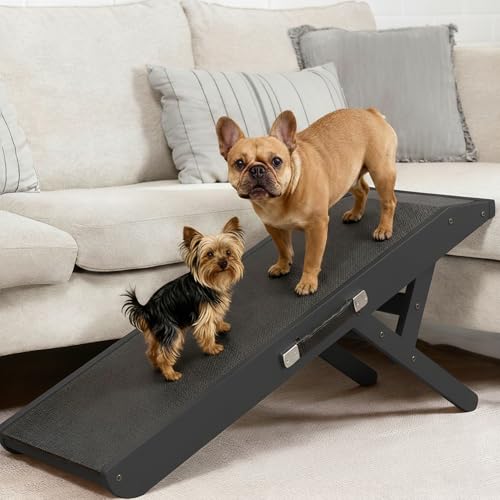 Hunderampe - Hundetreppe für kleine Hunde und große Hunde - Einstellbar 18-53 cm - Für Bett Sofa - Birkenholz - Landeplattform schließt nahtlos an - Rampe Hund Klappbar - Anti-rutsch Einsatz Schwarz