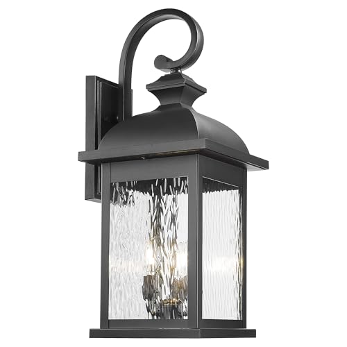 Image of FEMILA 26 inch Outdoor Wall Light, Large Exterior Wall Lantern with Water Ripple Glass, 3-Light Outdoor Wall Light Fixtures for Entryway, Patio, Garage, Doorway, E12 Base, 4FD54B-L BK
