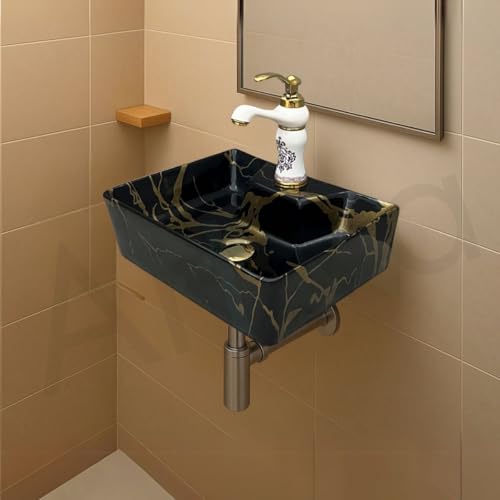 Image of Artiva Designer Ceramic Table Top Wash Basin For Bathroom /Wall Mounted Bathroom Sink /Wall Hung Washbasin /Black Wash Basin For Cabinet, Countertop, Vanity (Porto Black 16 x 12 x 5 Inch)