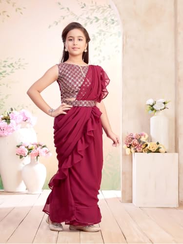 Image of Aarika Girls Ethnic Wear Cream Colour Sequin Embroidery Georgette Lehenga Saree With Attachable Dupatta