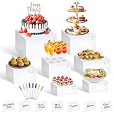 7Pcs White Acrylic Buffet Risers with Mini Sign and Marker, Food Display Risers for Party Catering Dessert Jewelry Collectibles,Acrylic Cube Nesting Boxes with Hollow Bottoms(8' 7.5' 7' 6.8' 6' 5' 5')