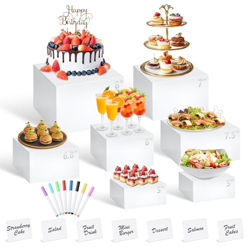 7Pcs White Acrylic Buffet Risers with Mini Sign and Marker Food Display Risers for Party Catering Dessert Jewelry Collectibles Acrylic Cube Nesting Boxes with Hollow Bottoms(8 7.5 7 6.8 6 5 5)