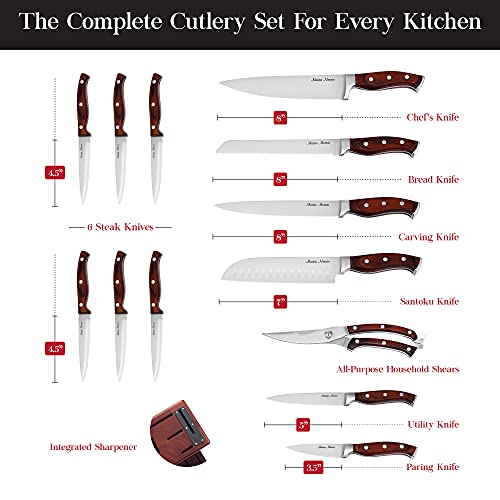 Master Maison 15-Piece Kitchen Knife Set with Block - Knife Set - Stainless Steel Knives with Sharpener and 6 Steak Knives (Walnut)