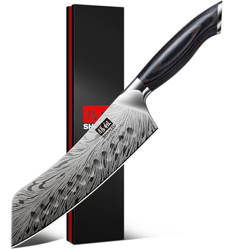 SHAN ZU Japanese Santoku Knives 18cm in Powder Steel Kitchen Chef Kinfe Ultra Sharp 12 Blade High Carbon 63 HRC Carving Knives Professional Utility Knife with Ergonomic Pakkawood Handle