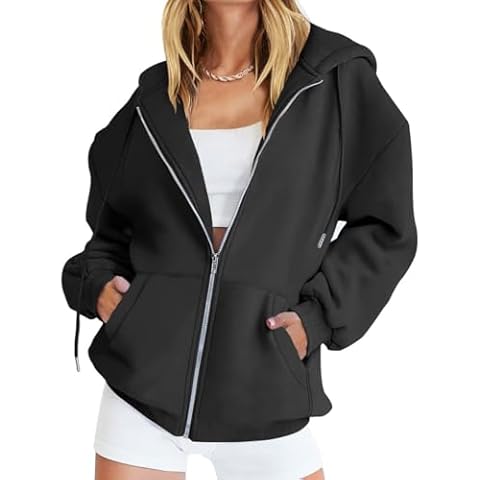 Womens Oversized Zip Up Hoodies Loose Long Sleeve Zipper Hooded Sweatshirt Casual Solid Jackets with Pockets Black Cover