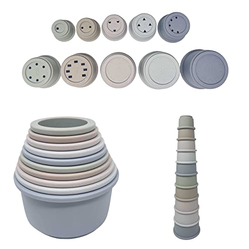 Image of BraveJusticeKidsCo. Silicone Educational Stacking Cups (10 Pieces) | Baby Sorting and Counting | Bath Toys | Early Motor Development | Best Montessori Toy Gift for 6 Month+ Boys & Girls