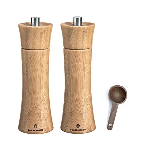 Zassenhaus Bamboo Frankfurt Salt & Pepper Grinder Mill Gift Set, 7-Inch, With Wooden Spice Scoop