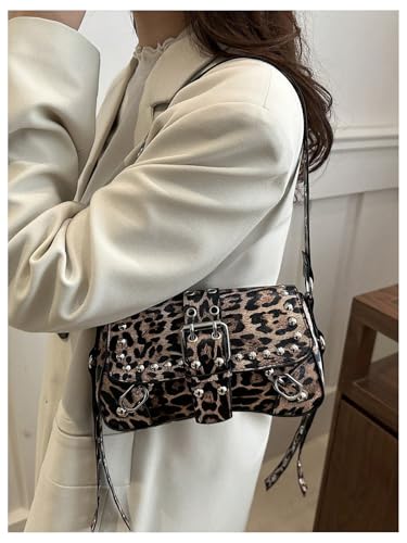 Women's Y2K Punk Cheetah Rivet Underarm Bags Buckle Small Shoulder Handbags Purse4