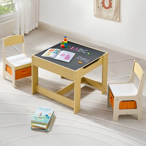 Image of CuFun Kids Table and Chairs Set, 4 in 1 Wooden Kids Table with Reversible Tabletop, Children Activity Table with Removable Tabletop Storage, Toddler Table and Chair Set for Home, Nursery, Playroom