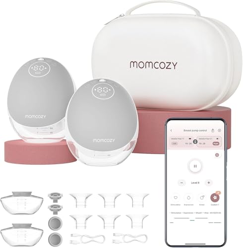 Momcozy Freihändige Milchpumpe Mobile Flow | M9 Upgrade, Elektrisch & App-Steuerung, Personalisierte Multi-Modi & 15 Stufen, Tragbare Pumpe, 24 mm (Grau, 2 Stück)