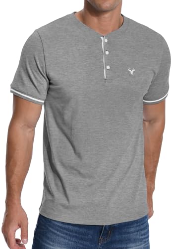 KUYIGO Camiseta Henley bordada de manga corta para hombre, informal, deportiva, tejida, gris claro, L