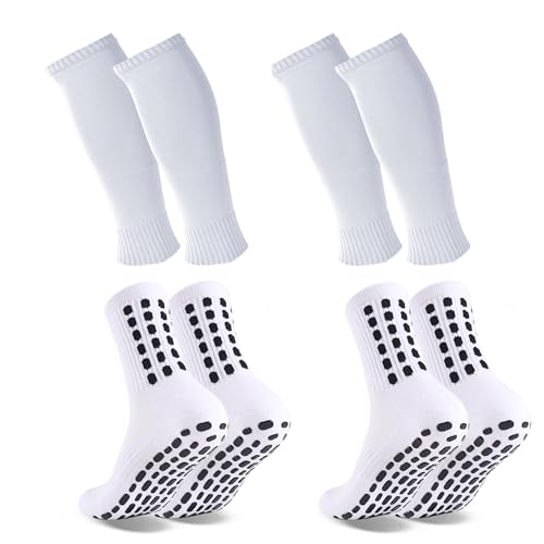 Barrlves 2 Set Grip Soccer Socks and Shin Guard Sleeves Non Slip Soccer Sleeve Socks for Men Women (US Alpha One Size Regular Regular White)